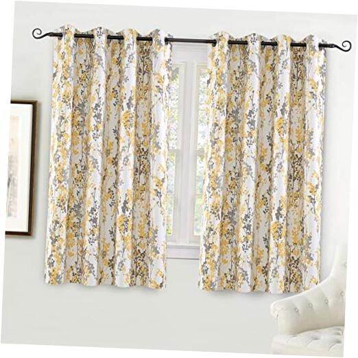 Bright Abstract Floral Yellow Gray Curtains 52x54 Inches Set of 2-image