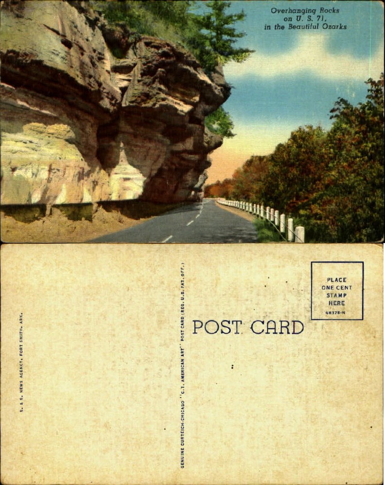 Overhanging Rocks Highway US 71 Ozarks linen unused vintage postcard