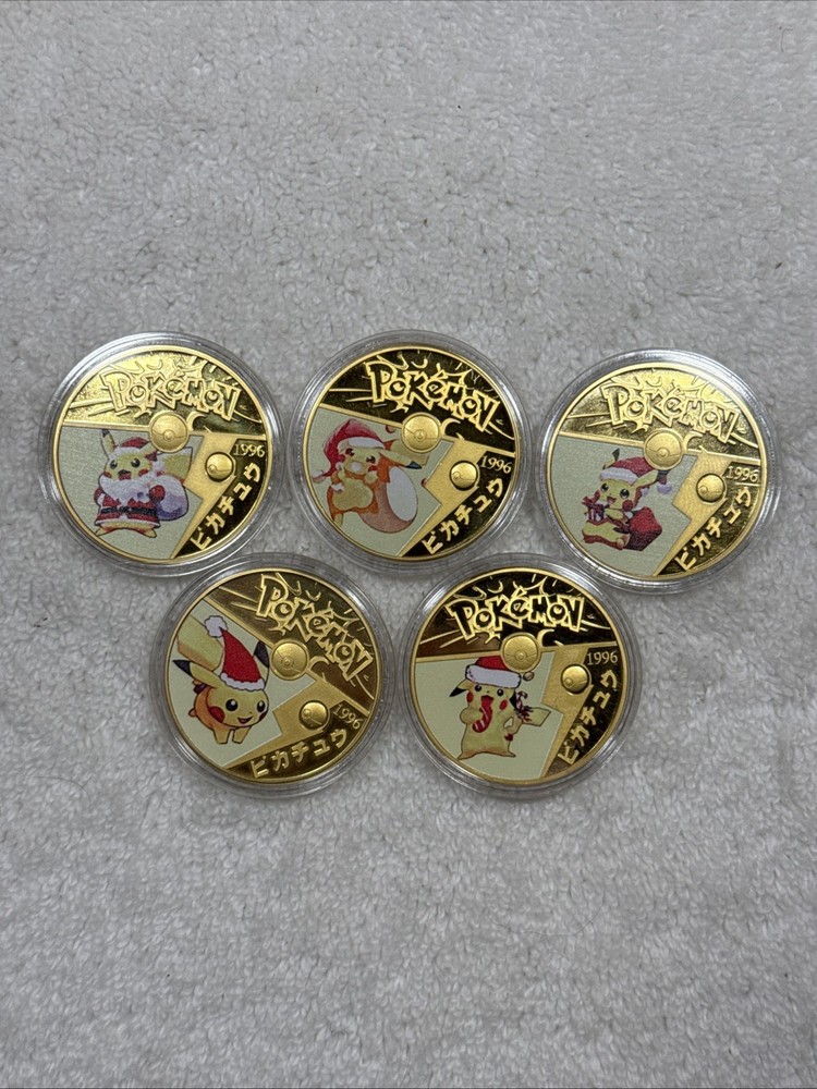 Pokemon Pikachu 24k Gold Plated Collectible Xmas Coin’s with Cases. Set Of 5