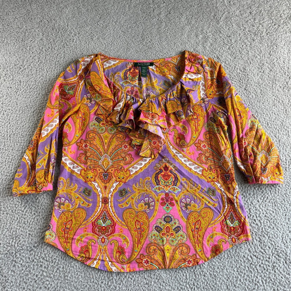 NEW Lauren Ralph Lauren Top Womens Petite Medium Yellow Pink Paisley Ruffle Boho