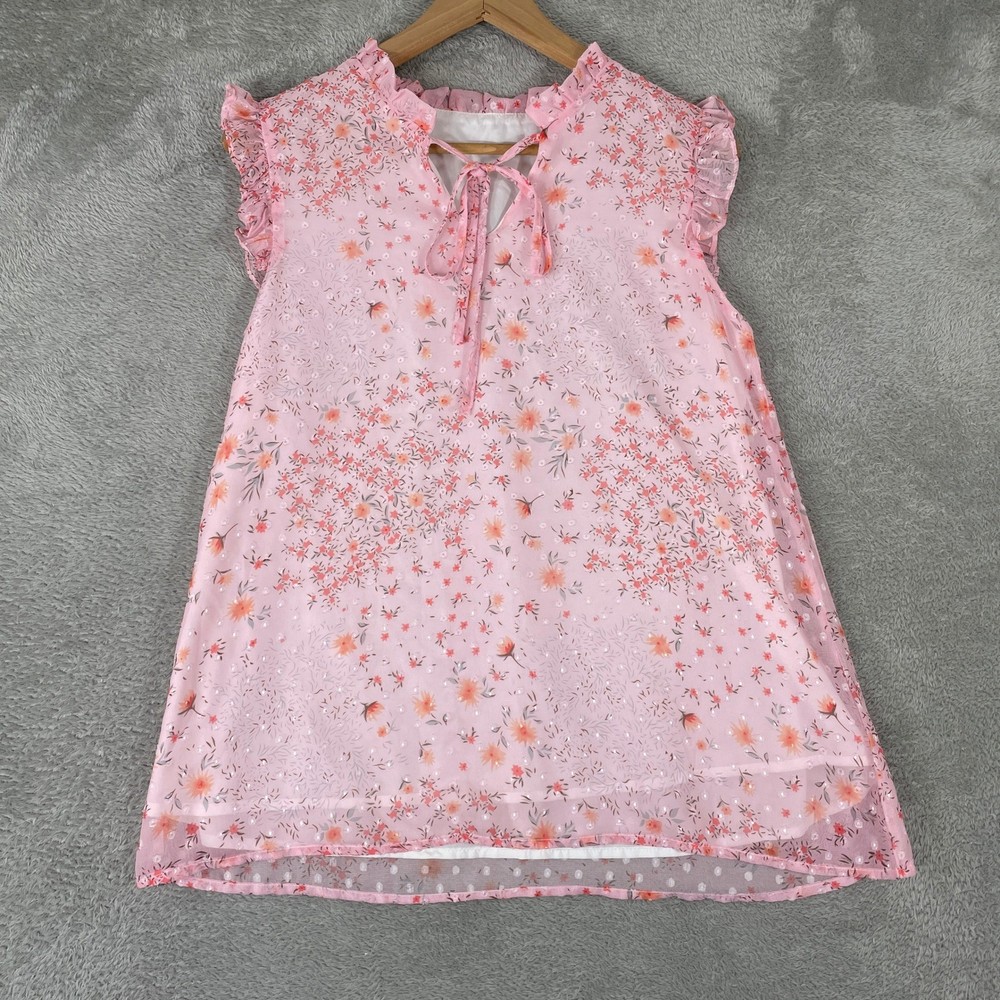Romantic Floral Blouse Womens Small Pink Ruffle Sleeve Boho Cottage Chiffon Top