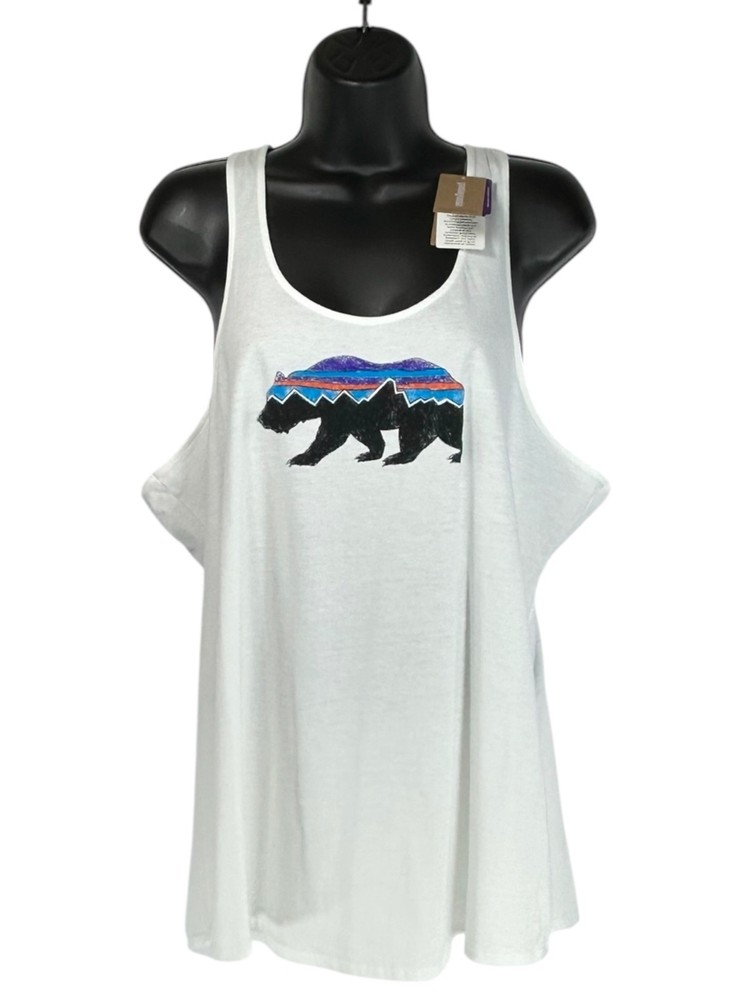 PATAGONIA Bear Graphic Print Logo Tank Top Sz M White Organic Cotton Racerback