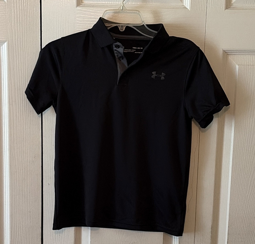 Under Armour HeatGear Boys Black Polo Shirt Size M Short Sleeve Collared Logo