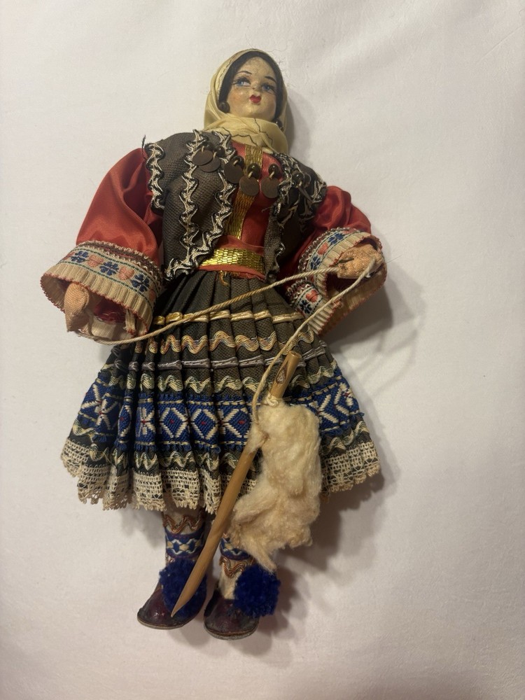 vintage Greek folk doll dressed in a traditional costume Hand Painted