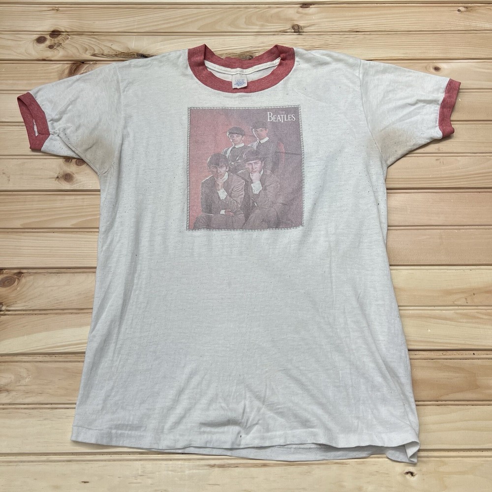 Vintage 70s The Beatles Band Ringer T Shirt Size Large Photograph Single Stitch