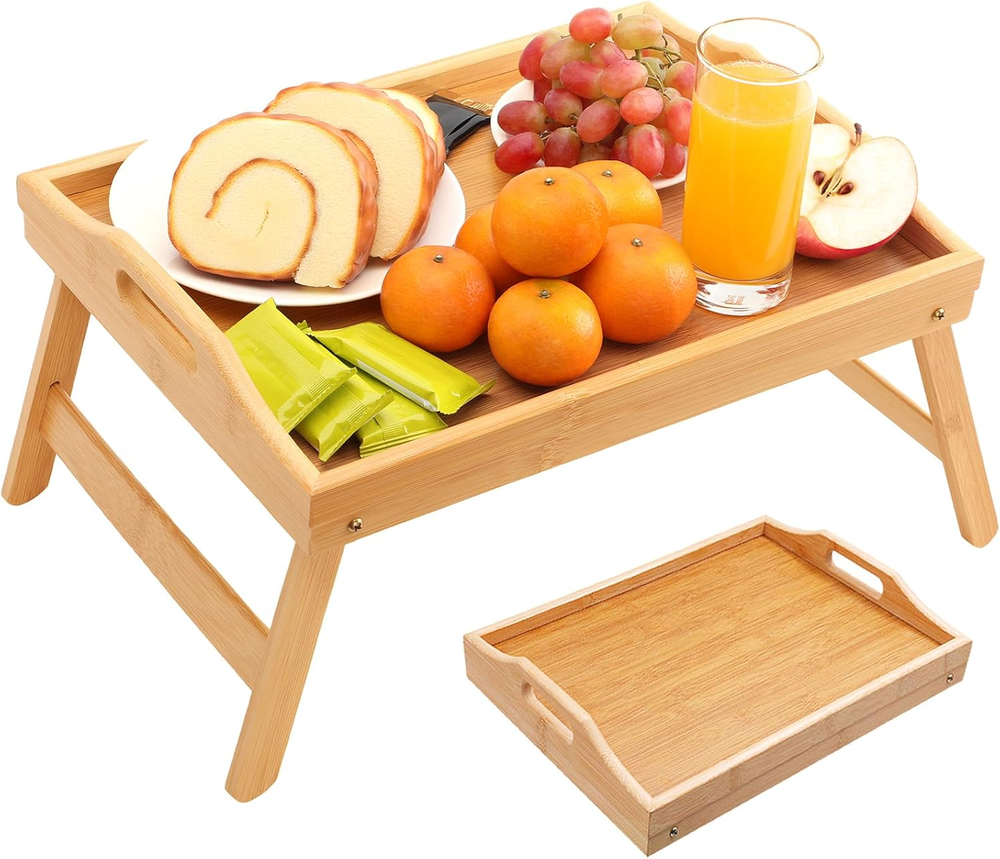 Lightweight Bamboo Bed Tray with Foldable Legs – 15.7x11.8 Inch Portable Breakfast Table for Sofa or Bed