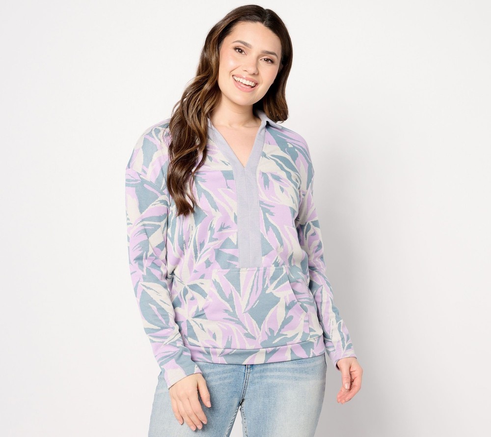 zuda Women's Top Sz L Palm Jacquard Knit Collared Multi-colored A646197