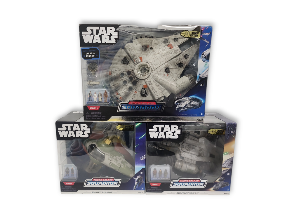 Lot 3 Star Wars Micro Galaxy Squadron Starship, Razor Crest, Millennium Falcon