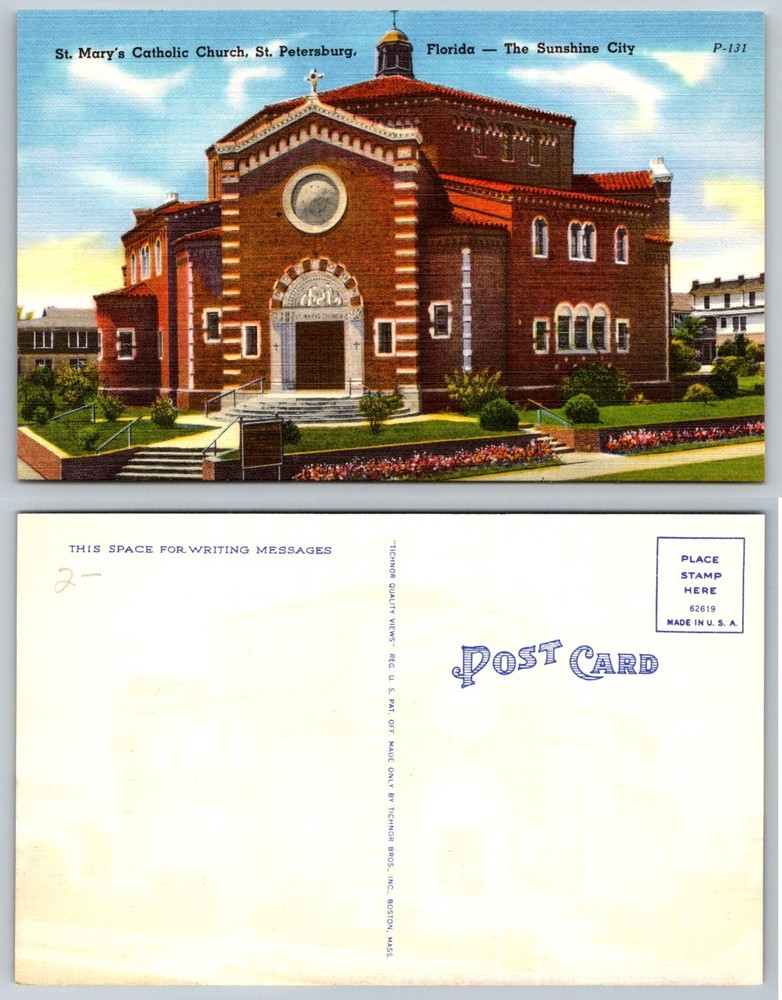 St. Mary's Catholic Church St. Petersburg FL Linen Postcard Tichnor Bros
