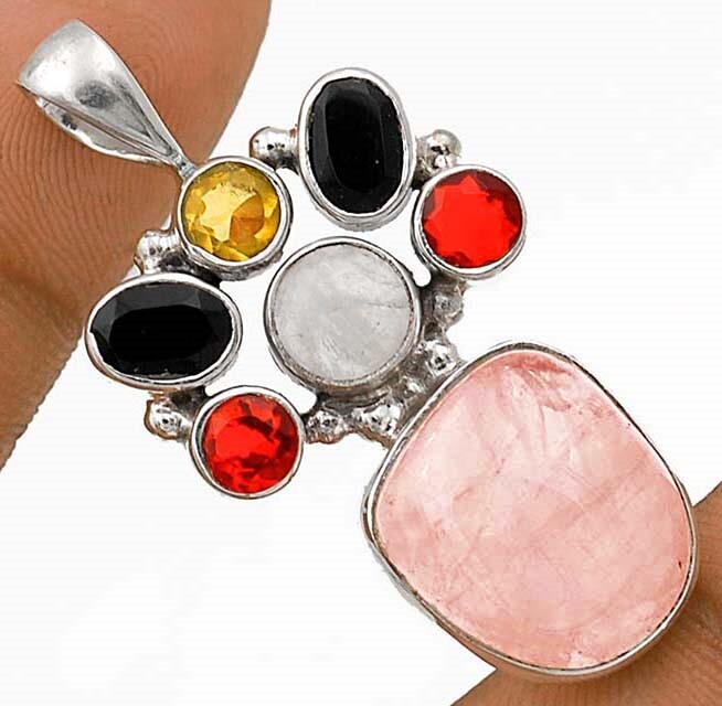Madagascar Rose Quartz and Moonstone 925 Sterling Silver Pendant  