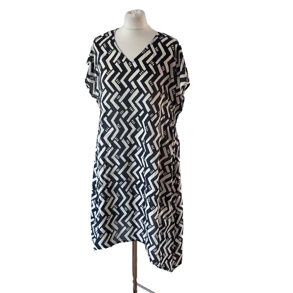 GUDRUN SJODEN DRESS  L UK 16 ORGANIC COTTON TRIBAL BLACK WHITE BEACH COVER UP