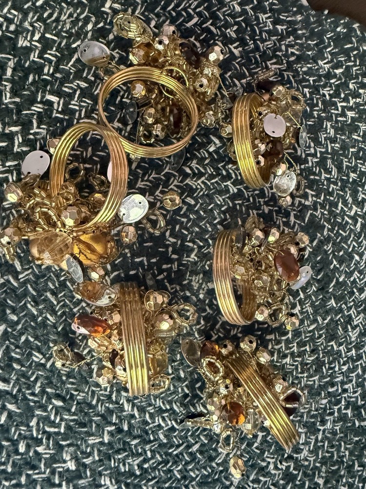 Vintage Beaded Napkin Rings Set of 6 Gold Tone Amber Brown Table Decor