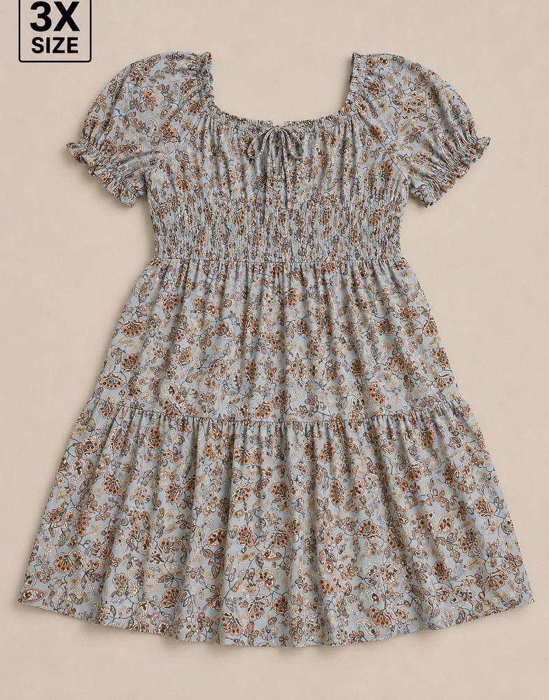 Women’s Plus 3X Blue Floral Smocked Tie Fit & Flare Puff Sleeve Dress