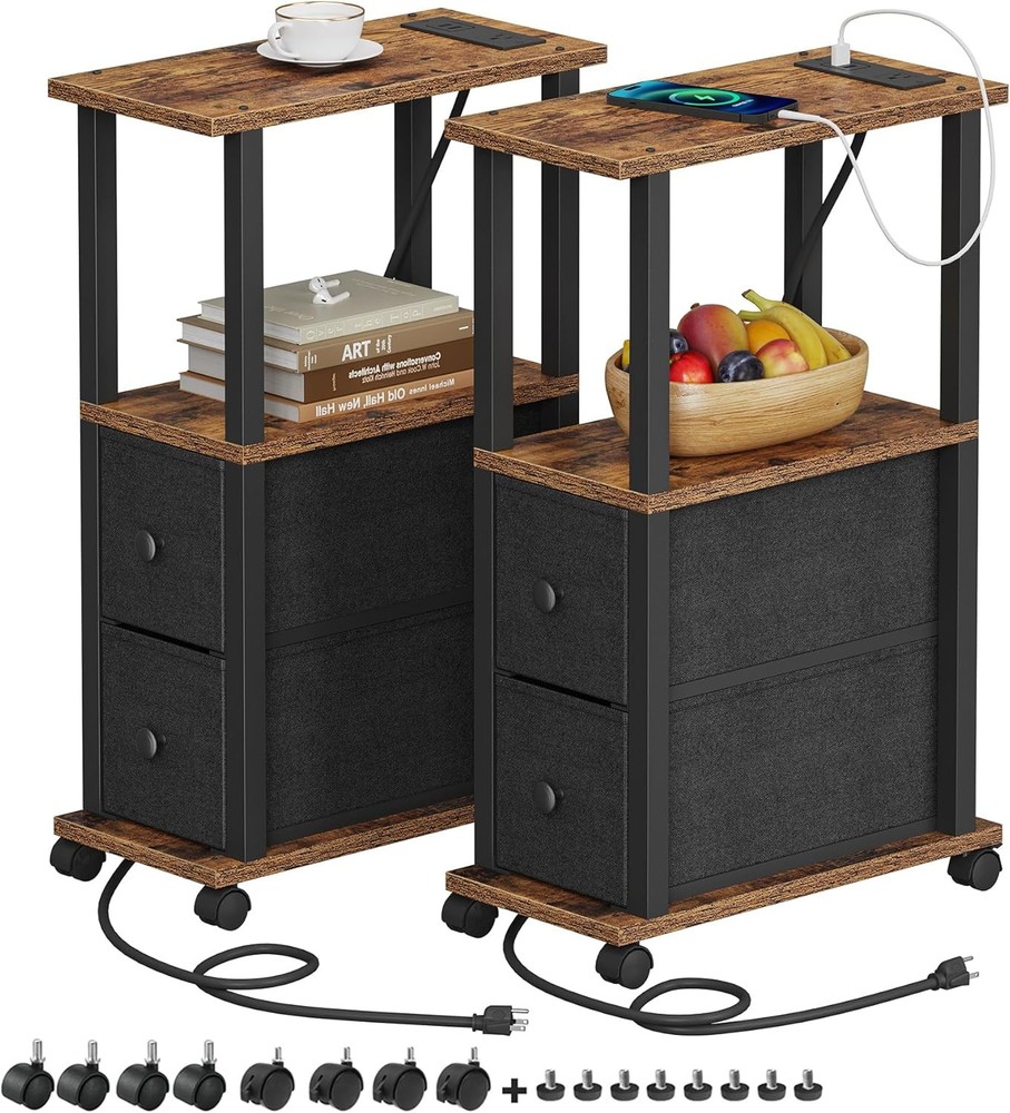 TUTOTAK Small Narrow End Tables, Side Tables with 2 Fabric Drawers, Set Brown