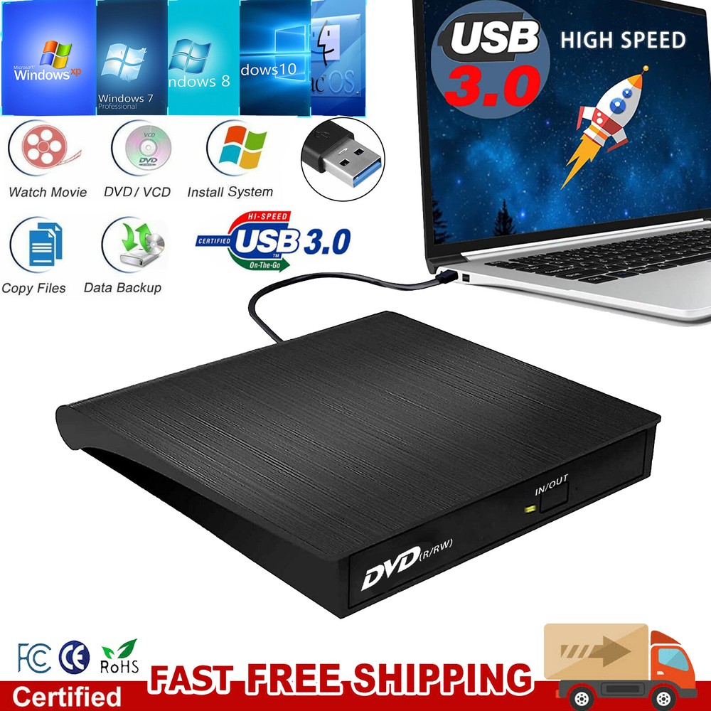 Slim External CD & DVD Drive USB 3.0 Disc Player Burner Writer For Laptop PC Mac