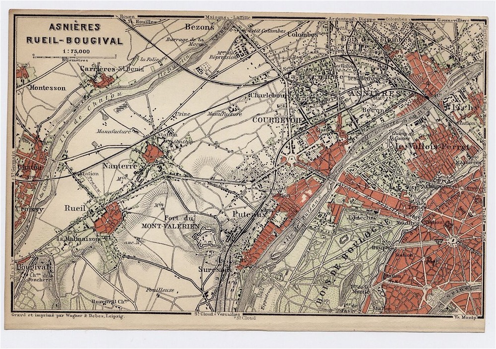 1904 Original Antique Map Of Asnieres Rueil Bougival Nanterre / Paris France