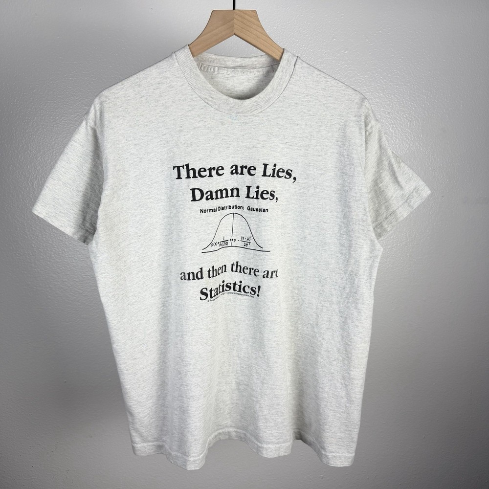Vintage 90’s Statistics Lies Math Humor Single Stitch Gray T Shirt Size Large