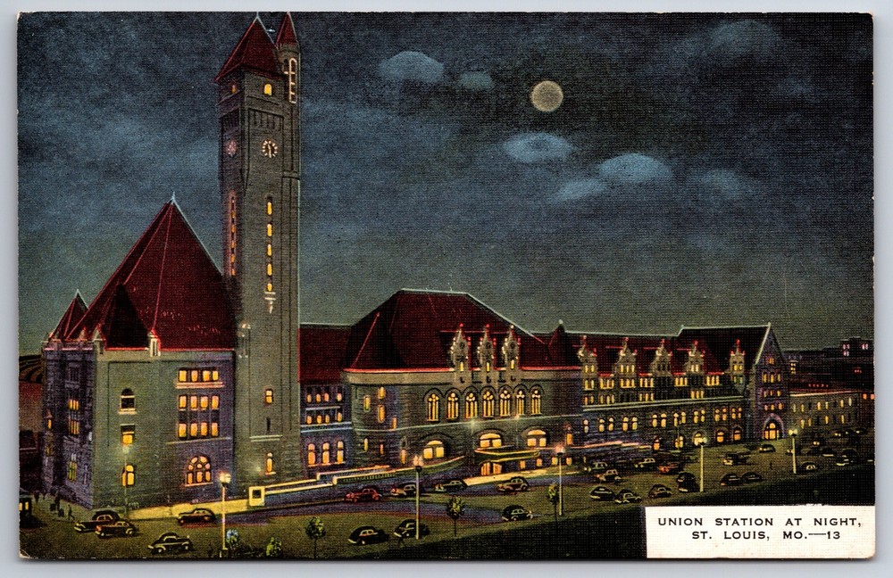 Transportation~Aerial Union Station At Night St Louis Missouri~Vintage Postcard
