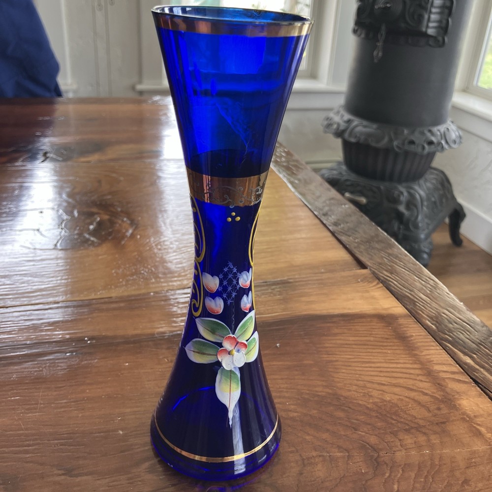Bohemian Czech Cobalt Blue Glass Gold Gilt Enamel Raised Floral Bud Vase 7.5”