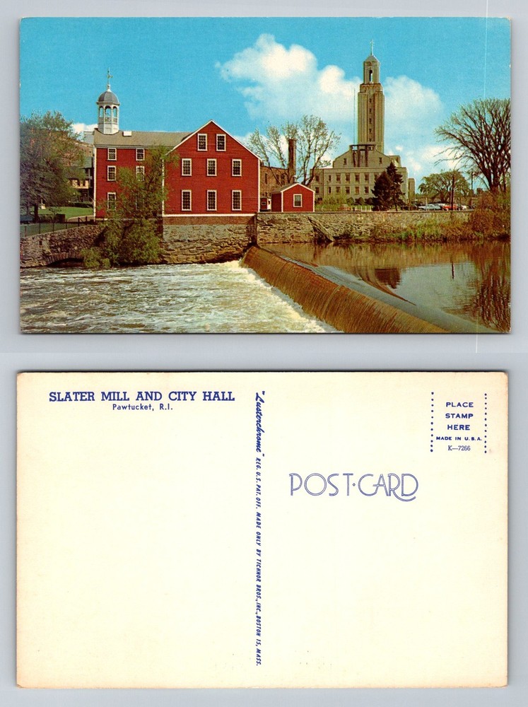 Pawtucket, RI-Rhode Island Slater Mill and City Hall River View Vintage Postcard
