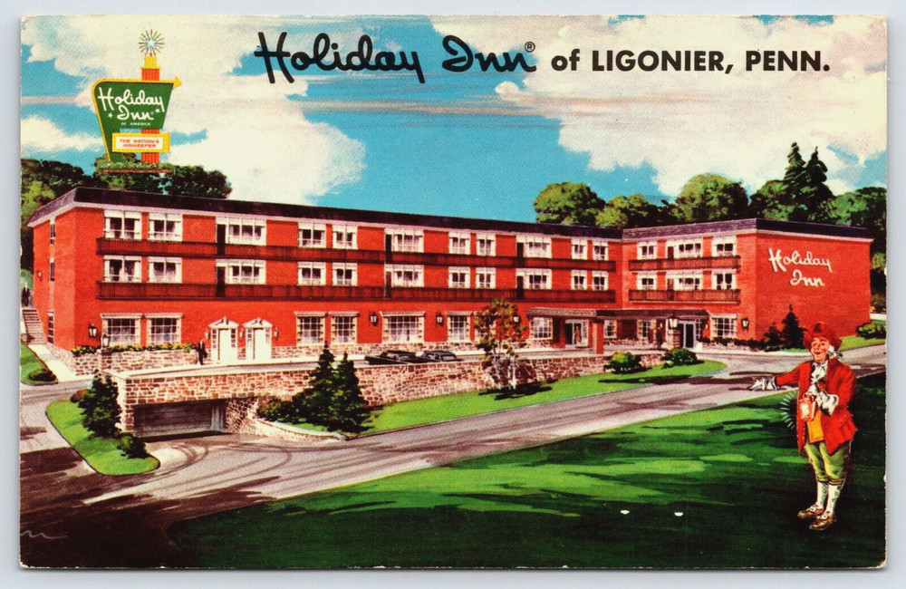 Vintage Old Outdoor Postcard Holiday Inn Hotel Sign Building Ligonier, Pa Usa