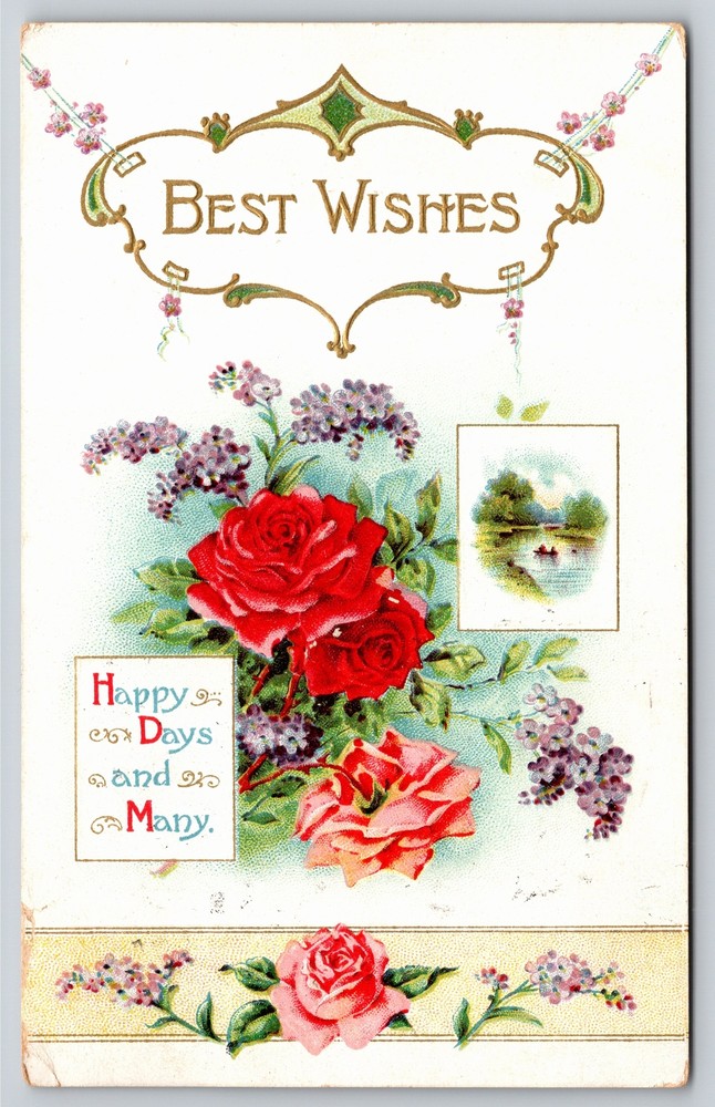 Best Wishes~Red & Pink Roses~Lilacs~Boating Inset~Art Nouveau~Gold~Emb~1911 PC