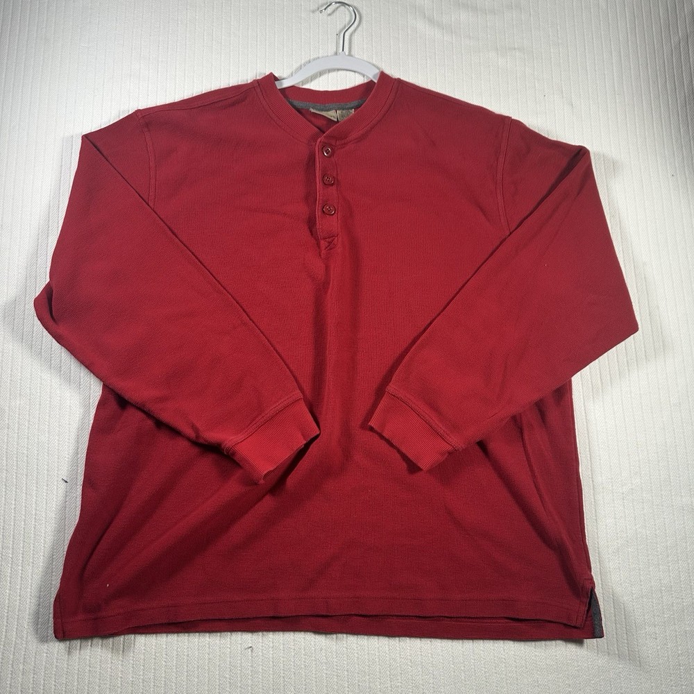 LL Bean Shirt Mens XXL Red Waffle Knit Thermal Henley Long Sleeve