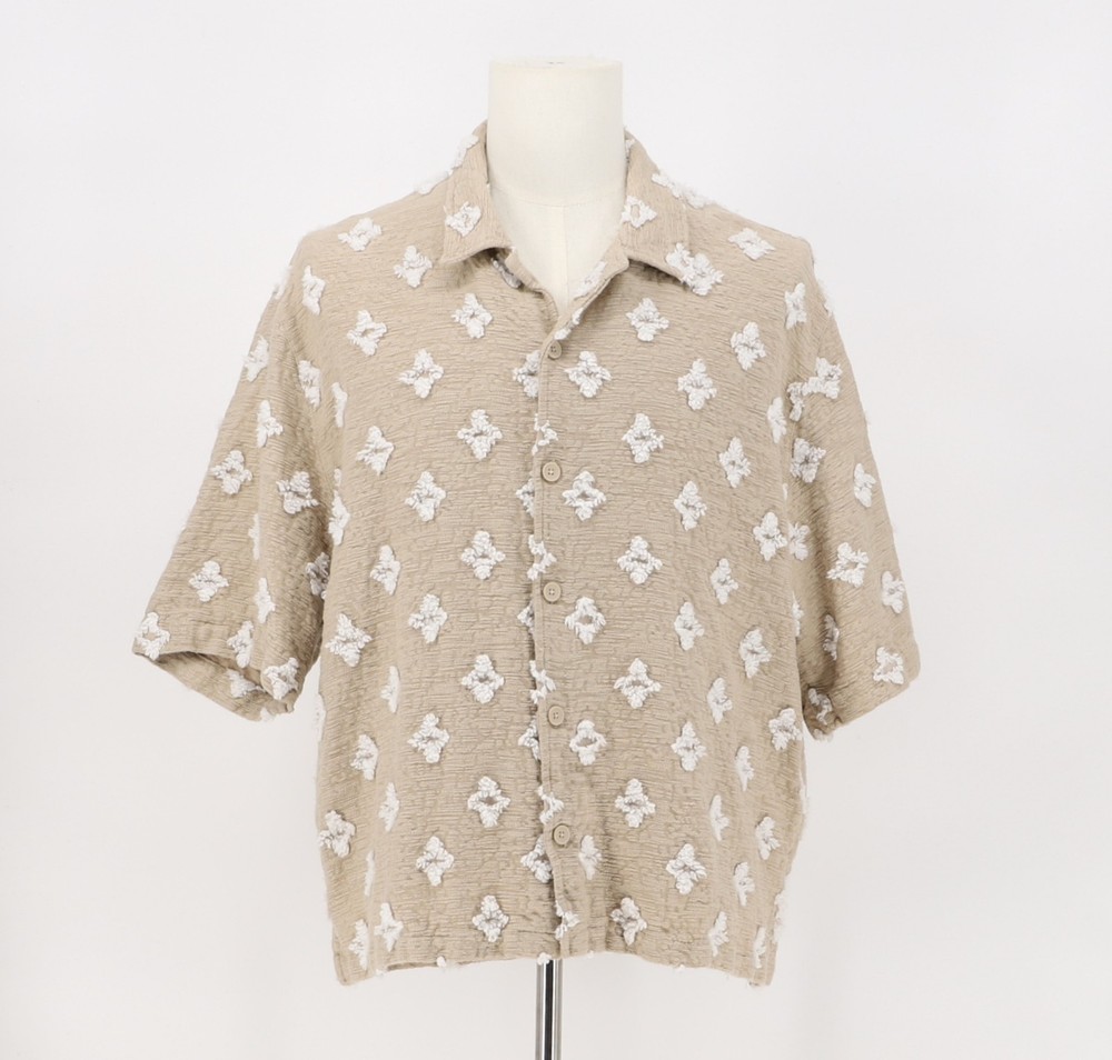 ZARA Men's Textured Jacqured Floral Camp Relaxed Shirt in Beige Size XL