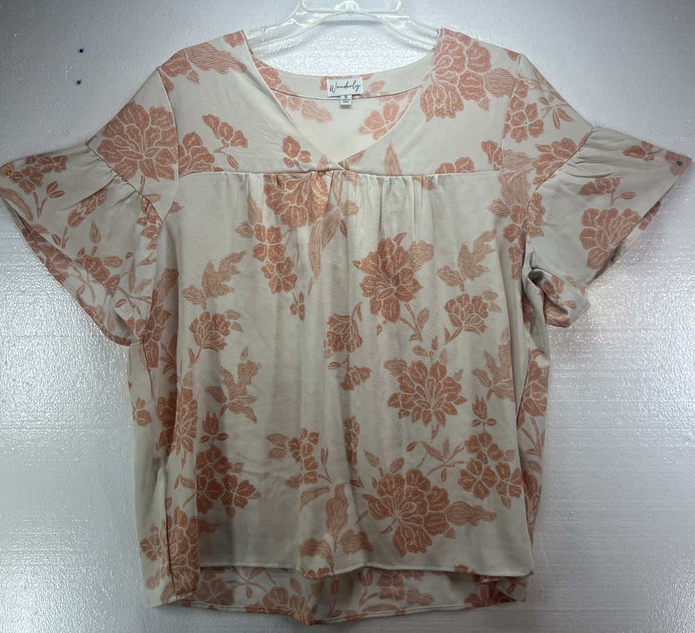 Wonderly XL Orange Floral Cream White V-neck Floral Pullover Blouse Super Cute
