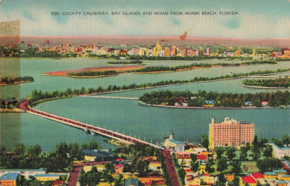 Miami Beach Florida, County Causeway Bay Islands & City Skyline Vintage Postcard