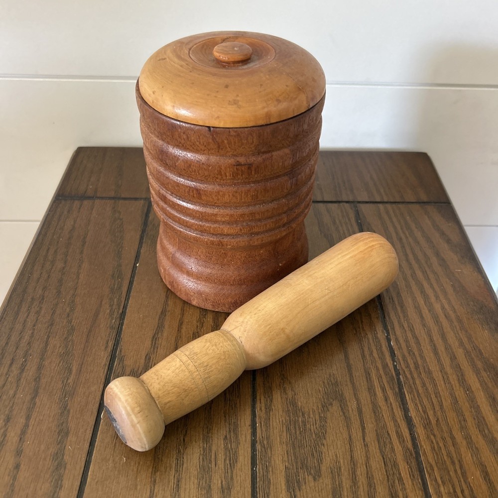Vintage Hand-Turned Wooden Mortar and Pestle with Lid for Farmhouse Spice Grinding