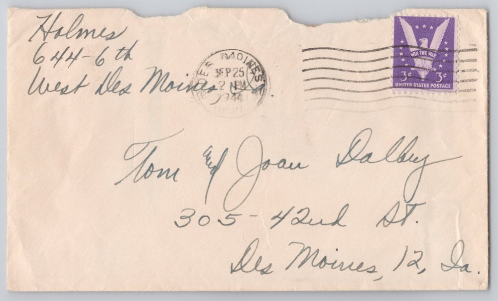 Handwritten envelope with Win the War 3c stamp, Montgomery postmark