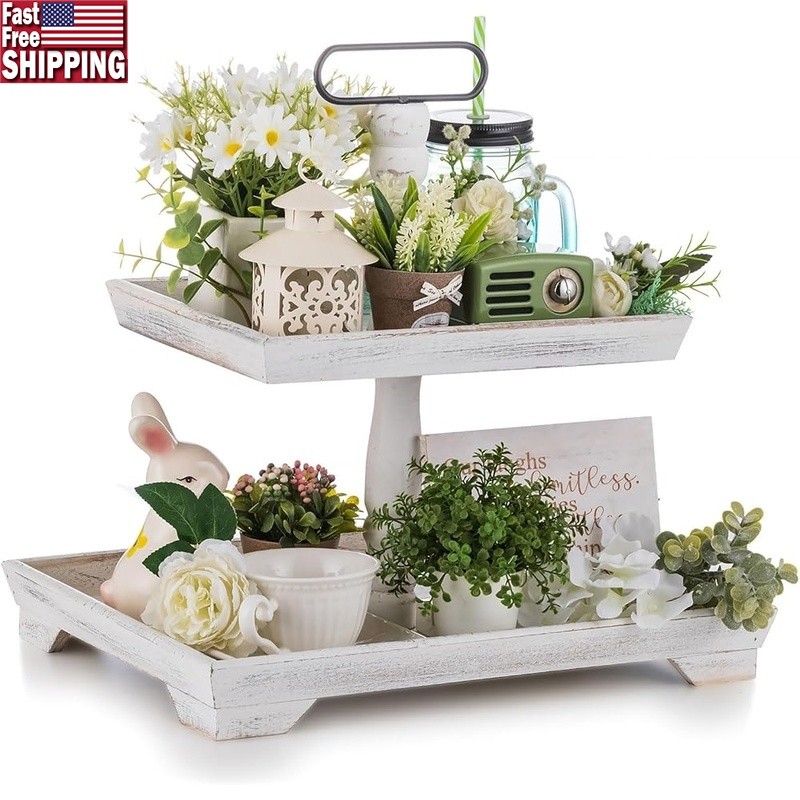 Rustic 2 Tiered Tray Stand Decorative Display Home Decor & Celebrations New