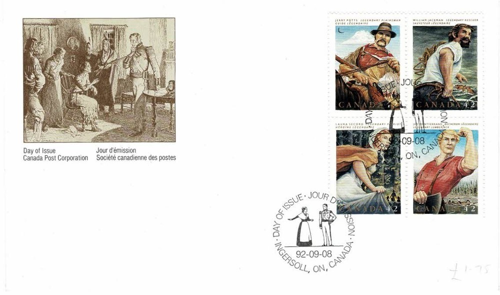 CANADA 1992 FOLK HEROES BLOCK OF 4 OFFICIAL FIRST DAY COVER FDC INGERSOLL