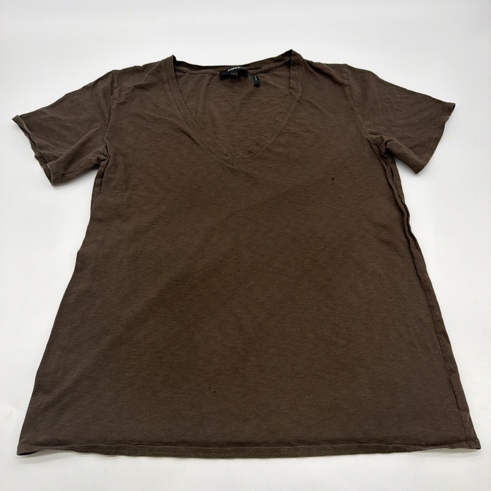 Theory T-shirt Women M Brown Solid V-Neck 100% Pima Cotton.#45985