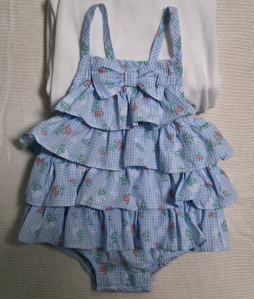 Little Me 12M Baby Girl Gingham Floral Ruffle Romper Blue