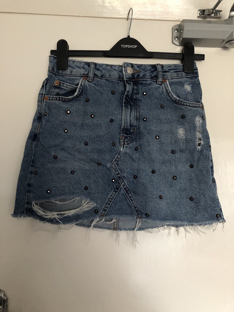 Topshop Moto Blue Distressed Studded Mini Skirt Raw Hem Size 8
