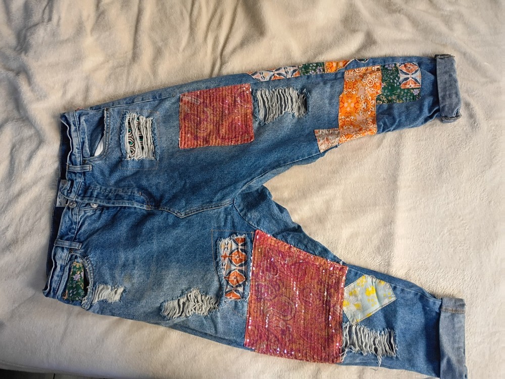 Free People Zappa patchwork harem jeans with distressed details.