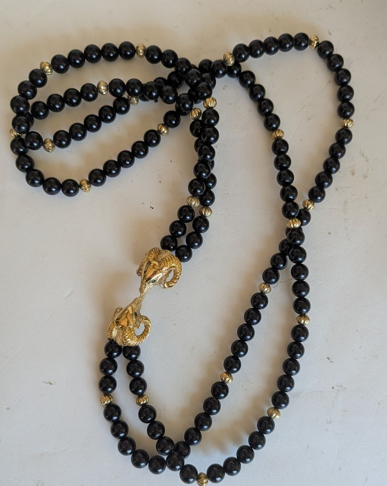 Vintage KJL Kenneth Jay Lane for Avon Gold tone Ram Necklace Black Bead 26