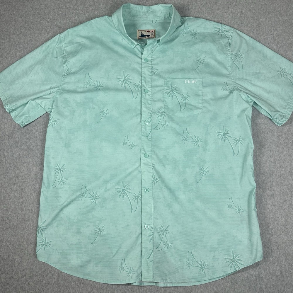 Huk Fishing Shirt Men's XL Teal Palm Tree AOP Button Up Short Sleeve Tropical