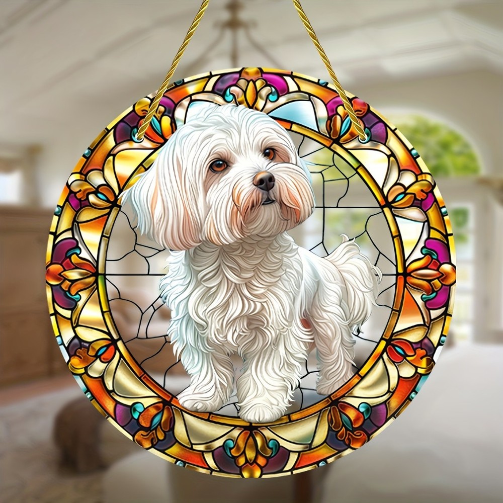 Maltese Dog Portrait Acrylic Suncatcher Floral Design Home Decor For Dog Moms