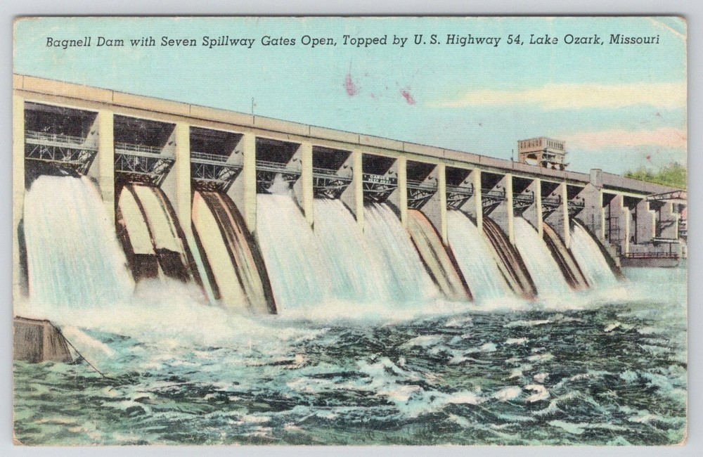 Bagnell Dam Lake Ozark Missouri US Highway 54 Spillway Gates Vintage Postcard