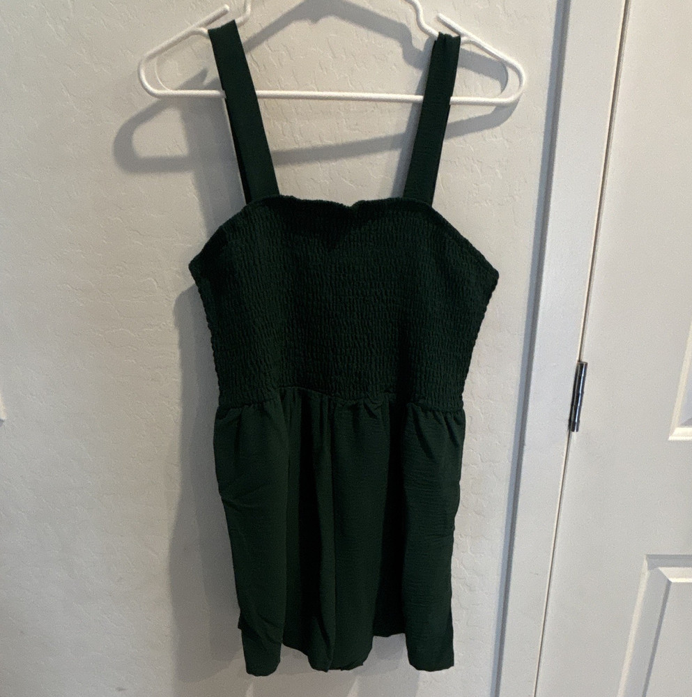 Green Solid Polyester Smocked Sundress Sweetheart Neck Sleeveless Women L Short
