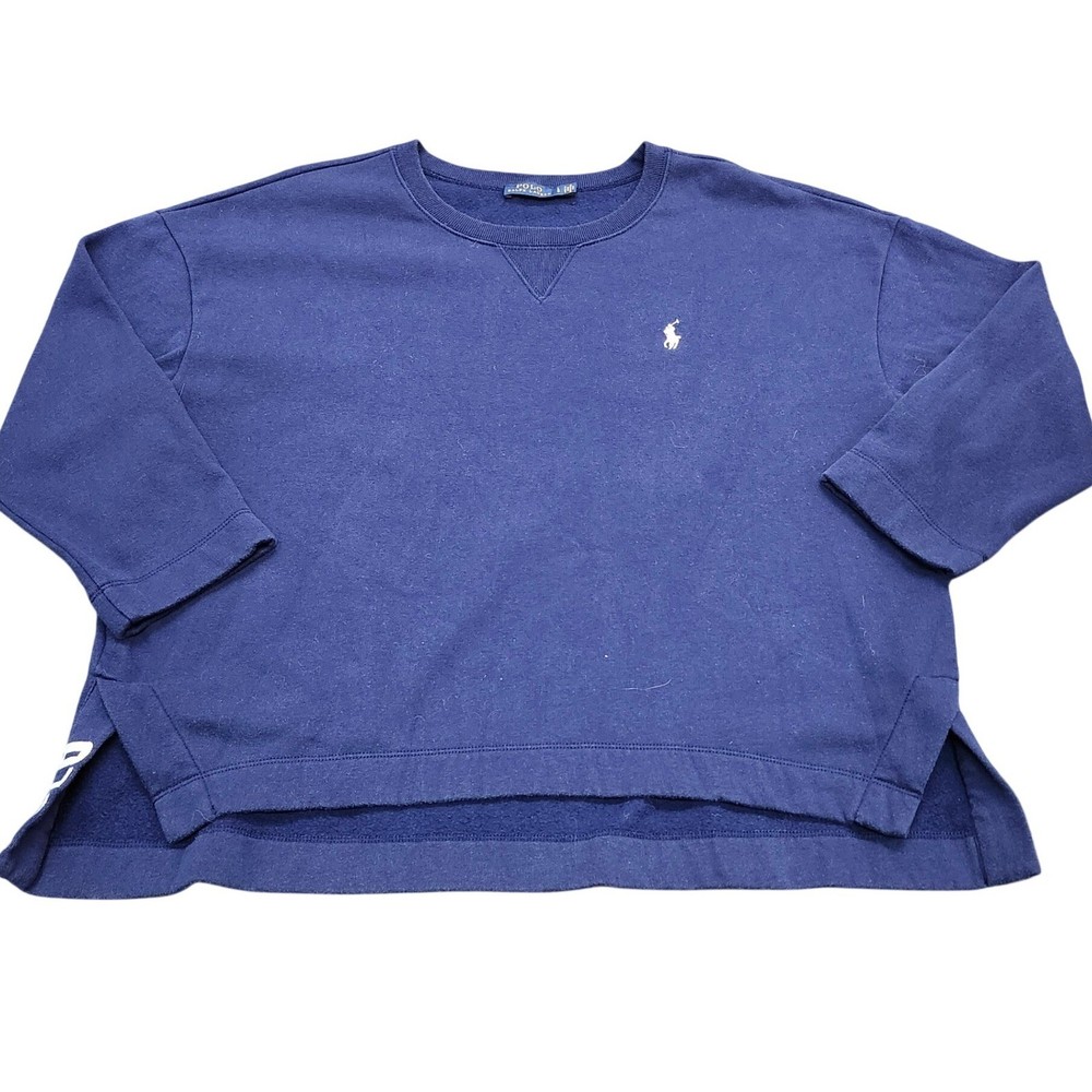 Polo Ralph Lauren Womens Navy Blue Boxy Fleece Sweatshirt Side Logo LG