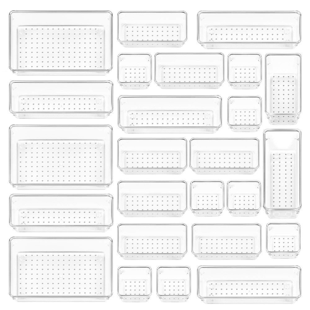 25-Piece Clear Plastic Drawer Organizer Set in 4 Sizes for Bathroom & Vanity Storage