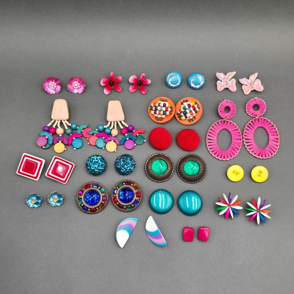 VTG 80s Clip On Earring Lot Bold Bright Mod Boho Lucite Neon 18pc