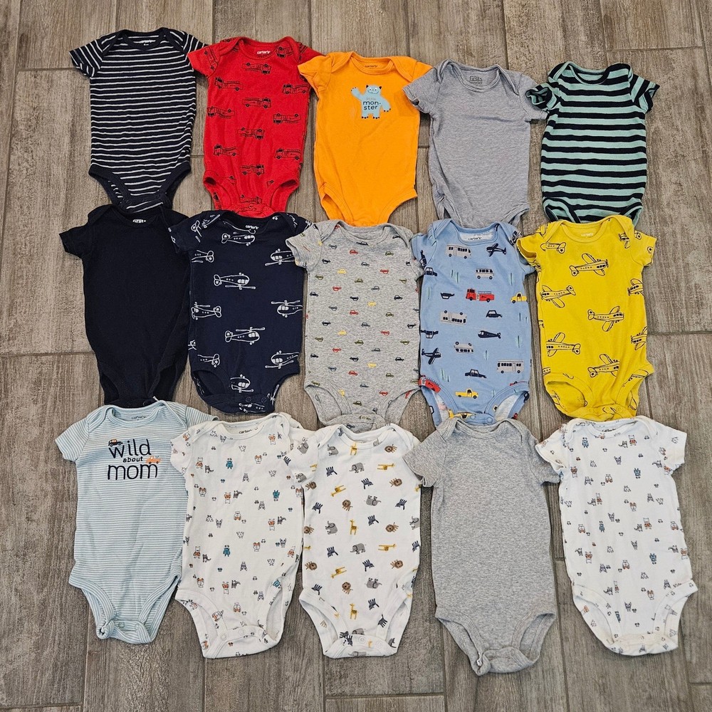 Carter's Bodysuits Kids Size 6M 15 Piece Lot Stripes Animals Vehicles Infant
