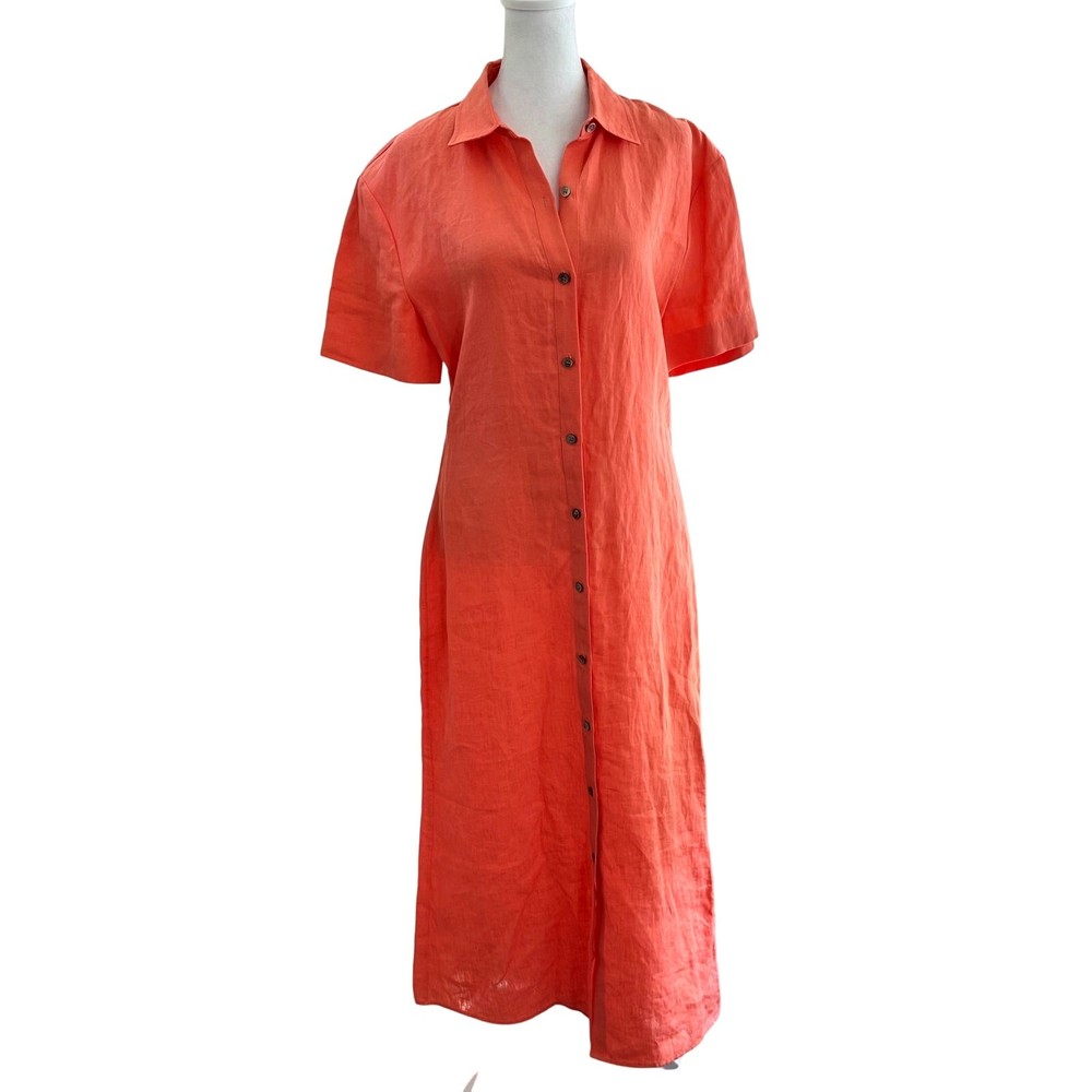 Theory Mermaid Linen Shirtdress Bright Coral Size 6 NWT Resort Quiet Luxury