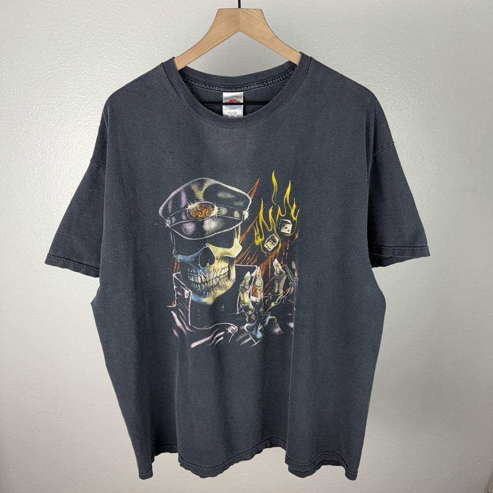 Vintage Biker Skull Flames Dice Faded Black T Shirt Punk Grunge 90’s Y2K 2XL