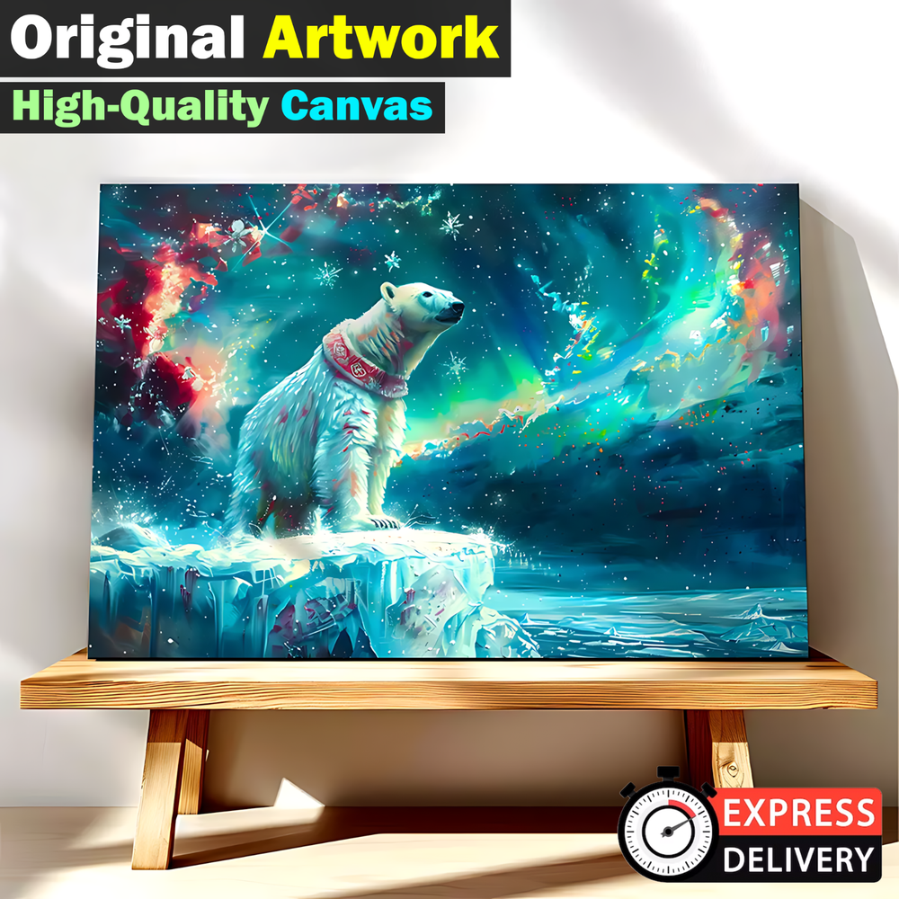Original Artwork- Polar Bear Aurora Oil Painting Print on Framed Canvas Wall Art